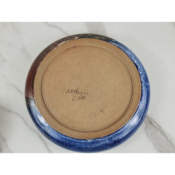 Chip & Dip Bowl Serving Platter Handmade Blue Pottery 10 1/2" Carolyn Cole Vtg - Picture 11 of 16